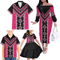 Pink Niho Taniwha Mix Poutama Family Matching Off The Shoulder Long Sleeve Dress and Hawaiian Shirt Unique Taniko Aotearoa LT01 - Polynesian Pride