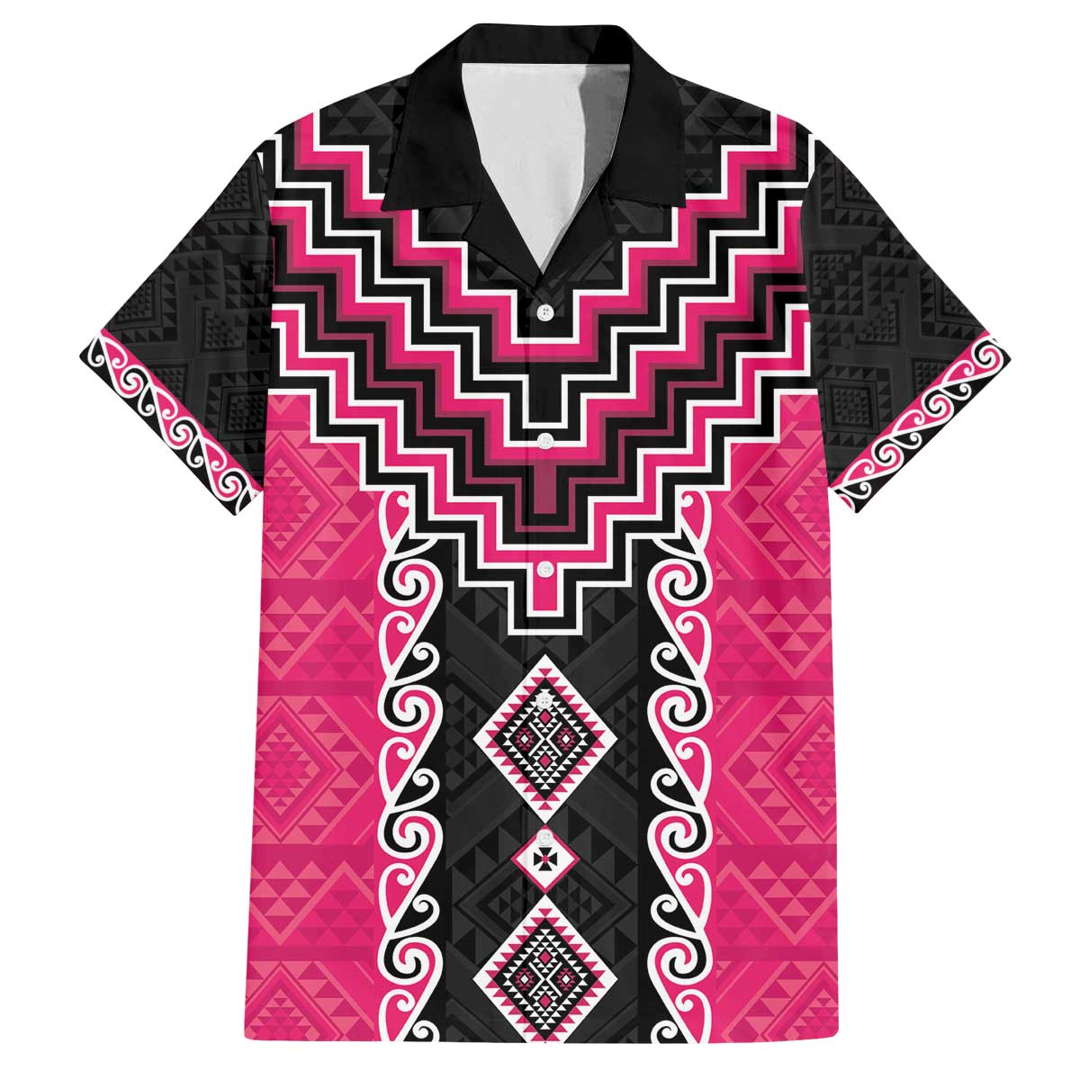 Pink Niho Taniwha Mix Poutama Family Matching Off The Shoulder Long Sleeve Dress and Hawaiian Shirt Unique Taniko Aotearoa LT01 Dad's Shirt - Short Sleeve Pink - Polynesian Pride