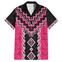 Pink Niho Taniwha Mix Poutama Family Matching Off The Shoulder Long Sleeve Dress and Hawaiian Shirt Unique Taniko Aotearoa LT01 Dad's Shirt - Short Sleeve Pink - Polynesian Pride