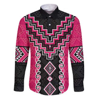 Pink Niho Taniwha Mix Poutama Family Matching Off The Shoulder Long Sleeve Dress and Hawaiian Shirt Unique Taniko Aotearoa LT01 Dad's Shirt - Long Sleeve Pink - Polynesian Pride