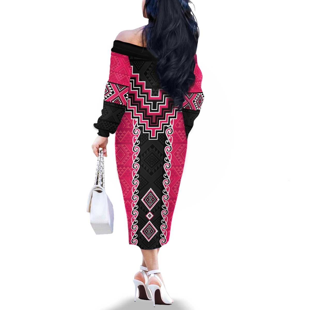 Pink Niho Taniwha Mix Poutama Family Matching Off The Shoulder Long Sleeve Dress and Hawaiian Shirt Unique Taniko Aotearoa LT01 - Polynesian Pride