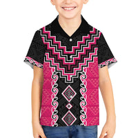 Pink Niho Taniwha Mix Poutama Family Matching Off The Shoulder Long Sleeve Dress and Hawaiian Shirt Unique Taniko Aotearoa LT01 Son's Shirt Pink - Polynesian Pride