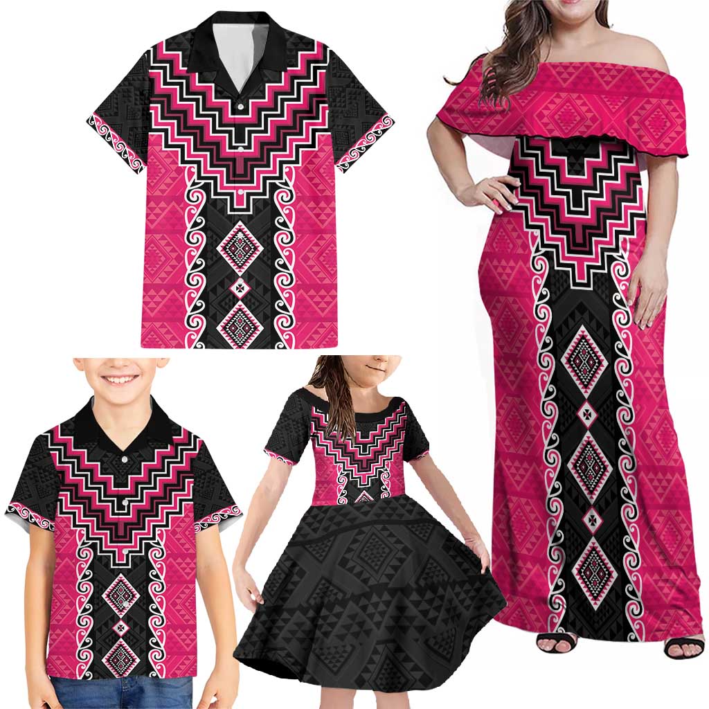 Pink Niho Taniwha Mix Poutama Family Matching Off Shoulder Maxi Dress and Hawaiian Shirt Unique Taniko Aotearoa LT01 - Polynesian Pride