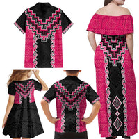 Pink Niho Taniwha Mix Poutama Family Matching Off Shoulder Maxi Dress and Hawaiian Shirt Unique Taniko Aotearoa LT01 - Polynesian Pride