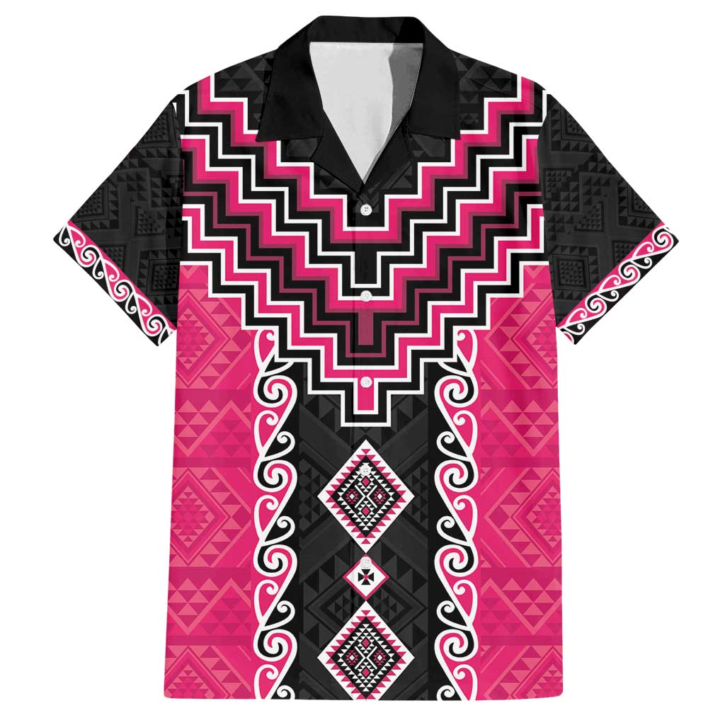 Pink Niho Taniwha Mix Poutama Family Matching Off Shoulder Maxi Dress and Hawaiian Shirt Unique Taniko Aotearoa LT01 Dad's Shirt - Short Sleeve Pink - Polynesian Pride