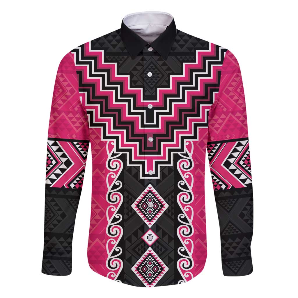Pink Niho Taniwha Mix Poutama Family Matching Off Shoulder Maxi Dress and Hawaiian Shirt Unique Taniko Aotearoa LT01 Dad's Shirt - Long Sleeve Pink - Polynesian Pride