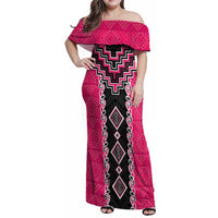 Pink Niho Taniwha Mix Poutama Family Matching Off Shoulder Maxi Dress and Hawaiian Shirt Unique Taniko Aotearoa LT01 Mom's Dress Pink - Polynesian Pride