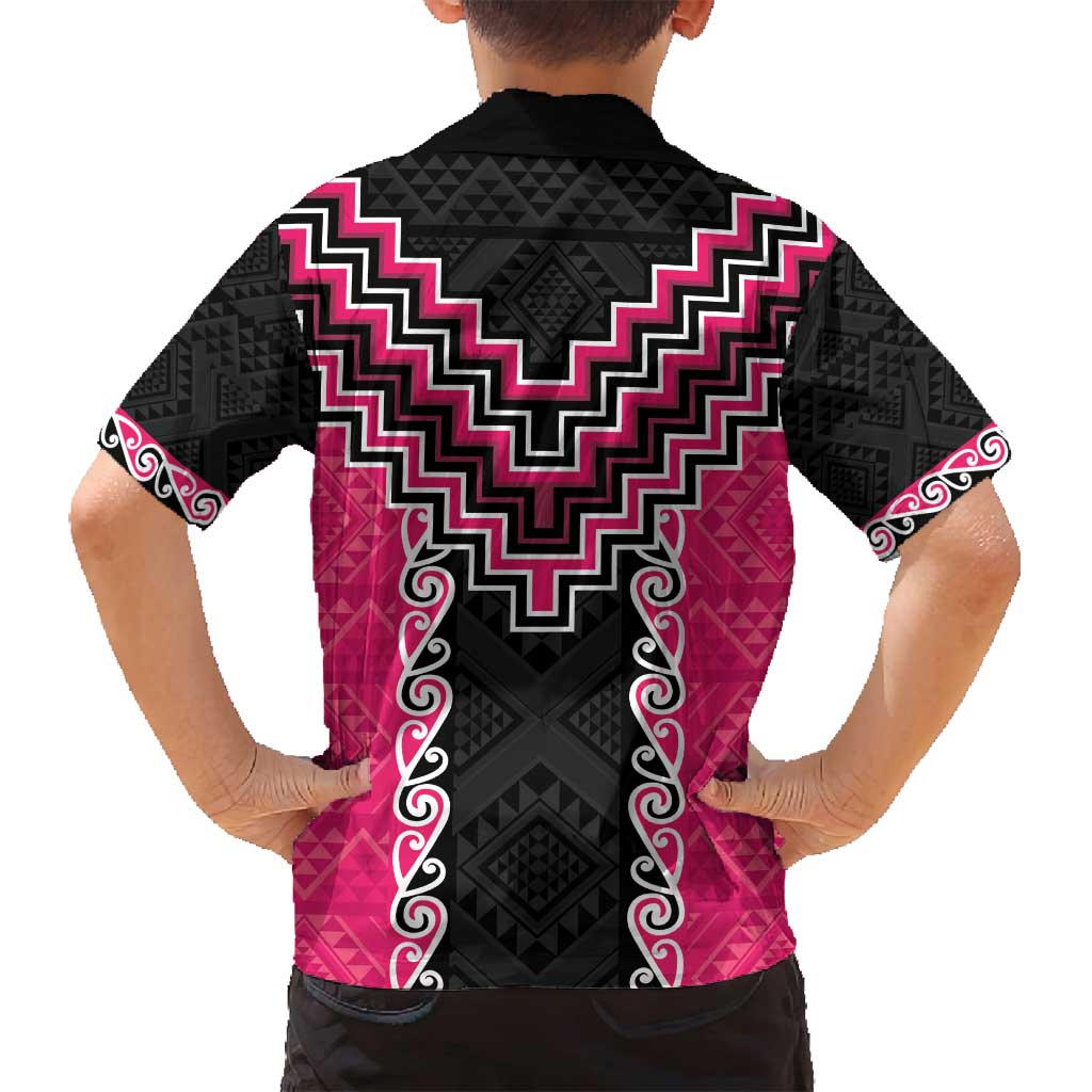 Pink Niho Taniwha Mix Poutama Family Matching Off Shoulder Short Dress and Hawaiian Shirt Unique Taniko Aotearoa LT01 - Polynesian Pride