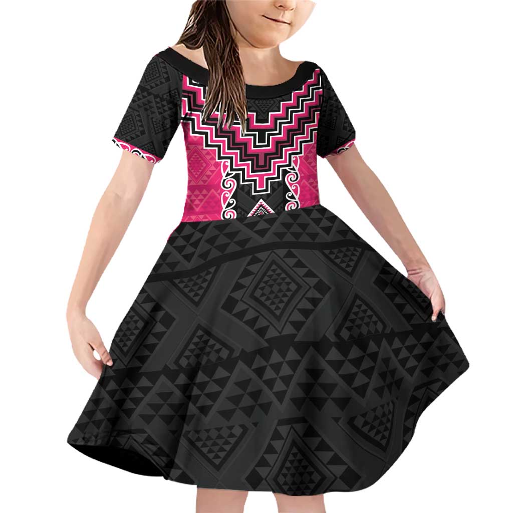 Pink Niho Taniwha Mix Poutama Family Matching Off Shoulder Short Dress and Hawaiian Shirt Unique Taniko Aotearoa LT01 Daughter's Dress Pink - Polynesian Pride