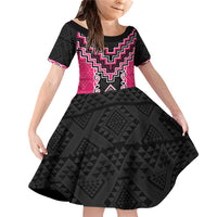 Pink Niho Taniwha Mix Poutama Family Matching Off Shoulder Short Dress and Hawaiian Shirt Unique Taniko Aotearoa LT01 Daughter's Dress Pink - Polynesian Pride