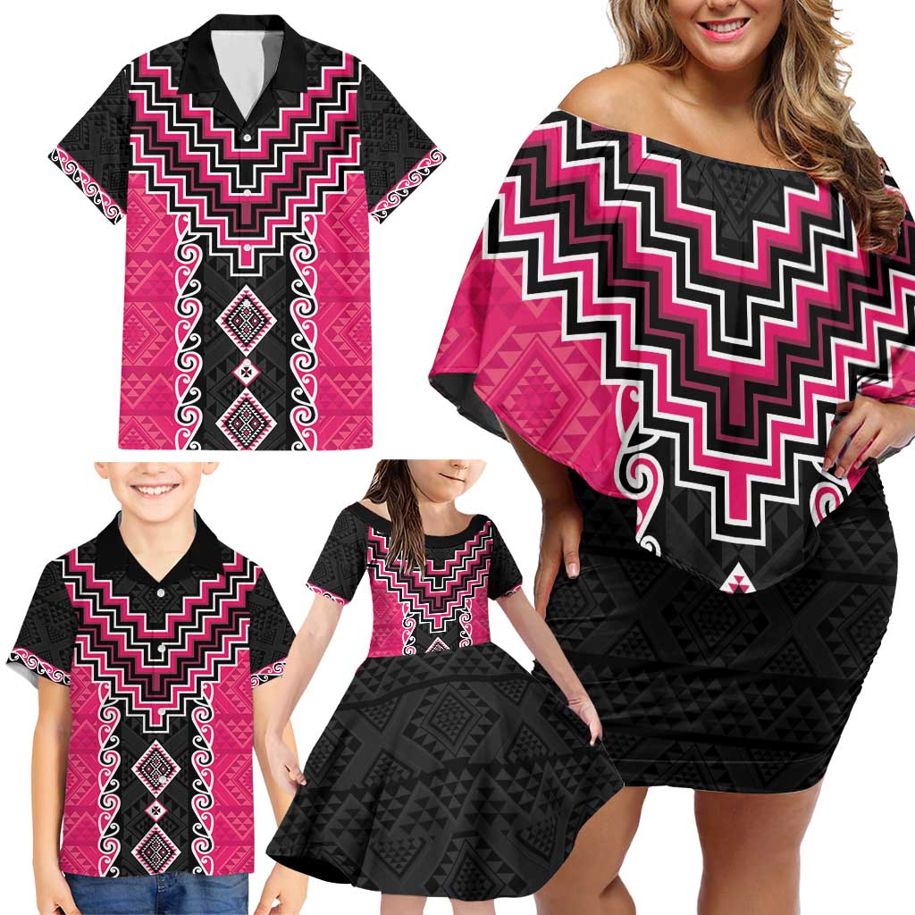 Pink Niho Taniwha Mix Poutama Family Matching Off Shoulder Short Dress and Hawaiian Shirt Unique Taniko Aotearoa LT01 - Polynesian Pride