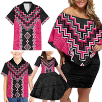 Pink Niho Taniwha Mix Poutama Family Matching Off Shoulder Short Dress and Hawaiian Shirt Unique Taniko Aotearoa LT01 - Polynesian Pride