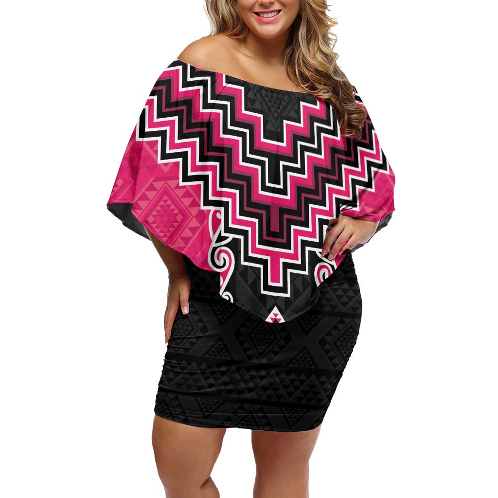 Pink Niho Taniwha Mix Poutama Family Matching Off Shoulder Short Dress and Hawaiian Shirt Unique Taniko Aotearoa LT01 Mom's Dress Pink - Polynesian Pride