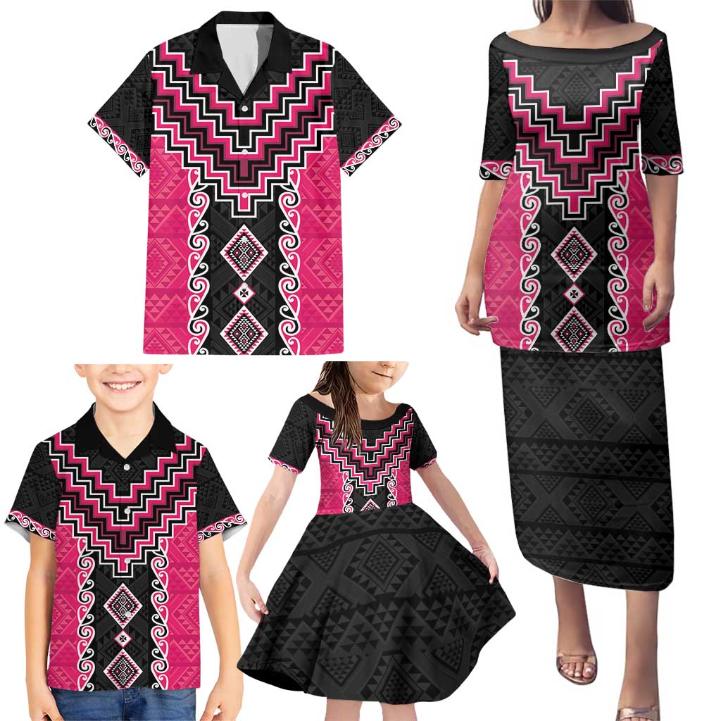 Pink Niho Taniwha Mix Poutama Family Matching Puletasi and Hawaiian Shirt Unique Taniko Aotearoa LT01 - Polynesian Pride