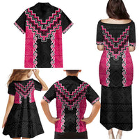 Pink Niho Taniwha Mix Poutama Family Matching Puletasi and Hawaiian Shirt Unique Taniko Aotearoa LT01 - Polynesian Pride