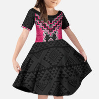 Pink Niho Taniwha Mix Poutama Family Matching Short Sleeve Bodycon Dress and Hawaiian Shirt Unique Taniko Aotearoa LT01 Daughter's Dress Pink - Polynesian Pride