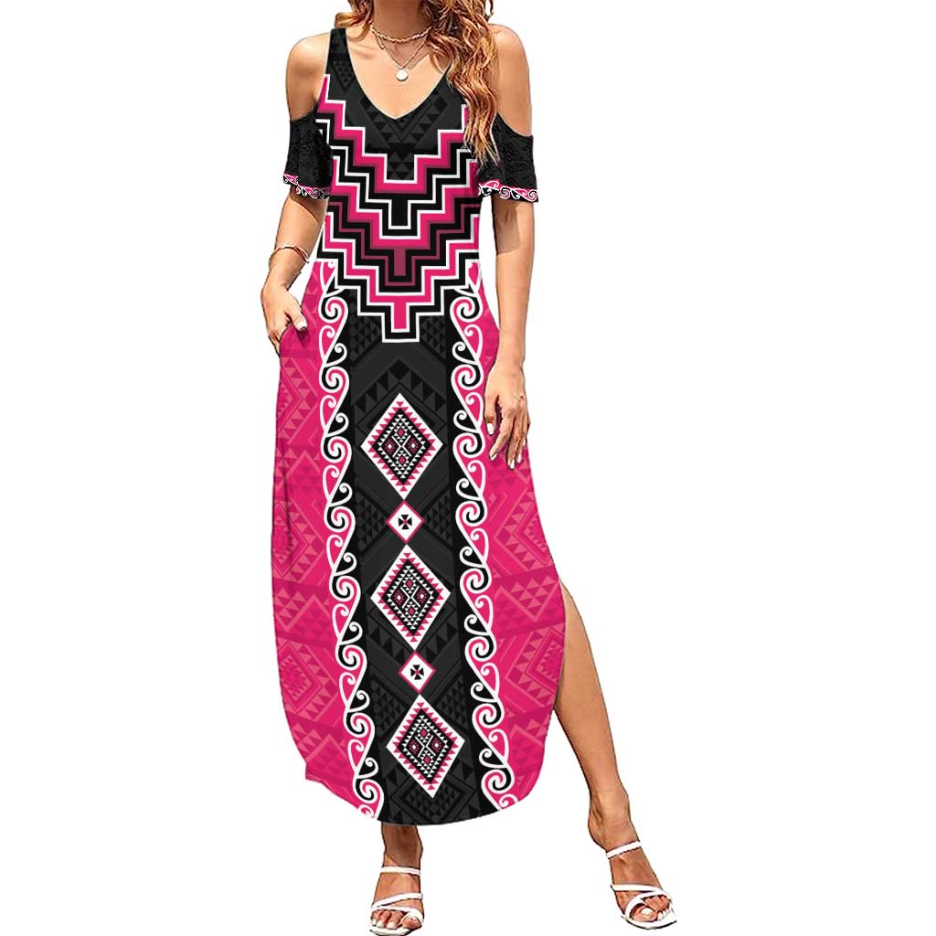 Pink Niho Taniwha Mix Poutama Family Matching Summer Maxi Dress and Hawaiian Shirt Unique Taniko Aotearoa LT01 Mom's Dress Pink - Polynesian Pride