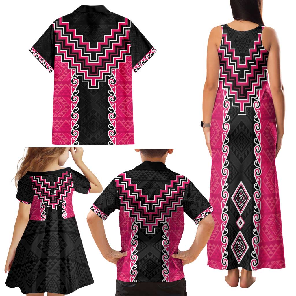 Pink Niho Taniwha Mix Poutama Family Matching Tank Maxi Dress and Hawaiian Shirt Unique Taniko Aotearoa LT01 - Polynesian Pride