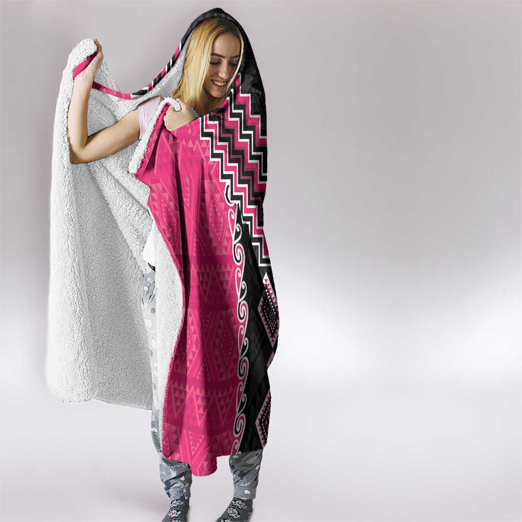 Pink Niho Taniwha Mix Poutama Hooded Blanket Unique Taniko Aotearoa