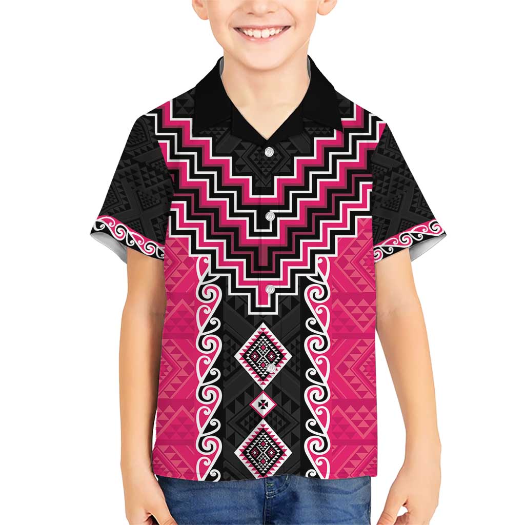Pink Niho Taniwha Mix Poutama Kid Hawaiian Shirt Unique Taniko Aotearoa LT01 Kid Pink - Polynesian Pride
