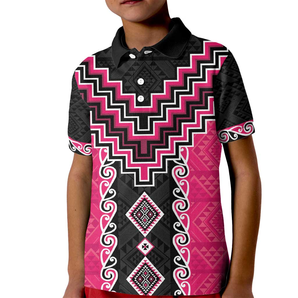 Pink Niho Taniwha Mix Poutama Kid Polo Shirt Unique Taniko Aotearoa LT01 Kid Pink - Polynesian Pride