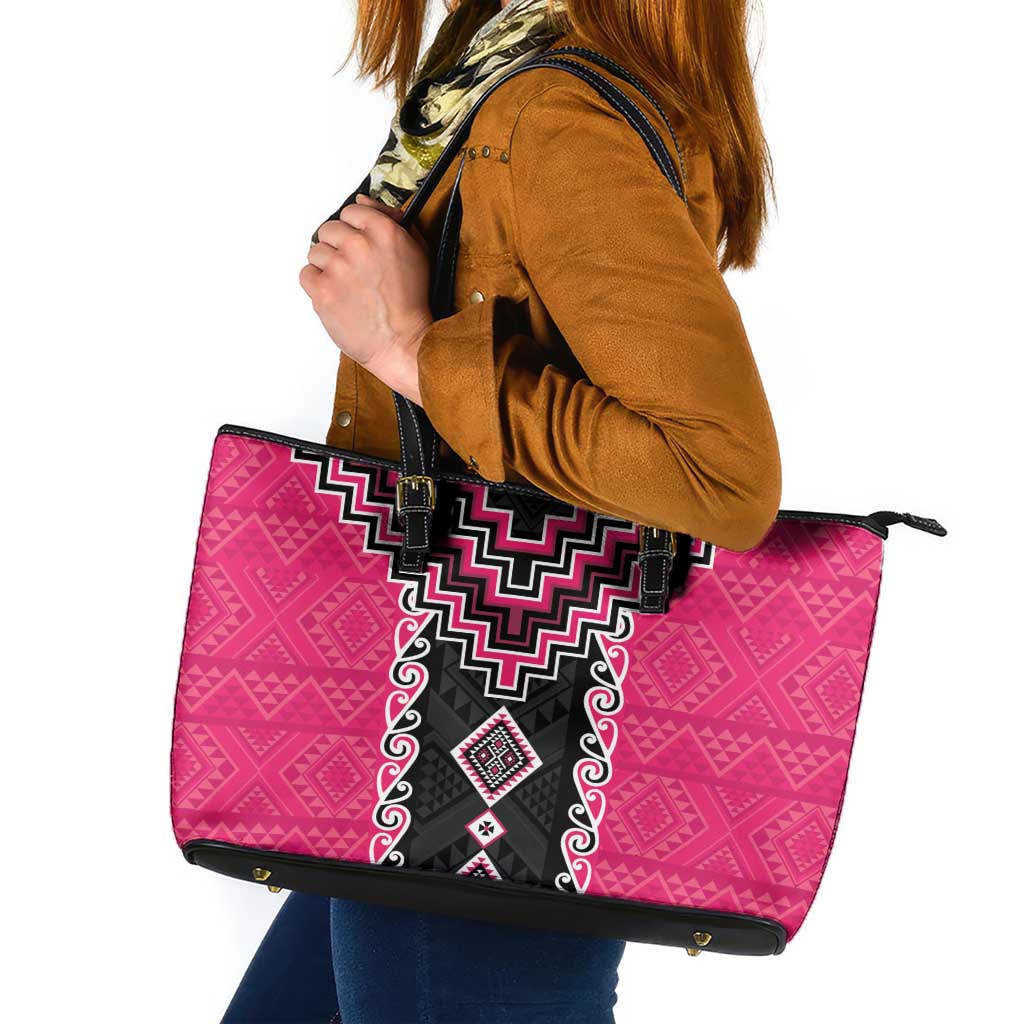 Pink Niho Taniwha Mix Poutama Leather Tote Bag Unique Taniko Aotearoa LT01 Pink - Polynesian Pride