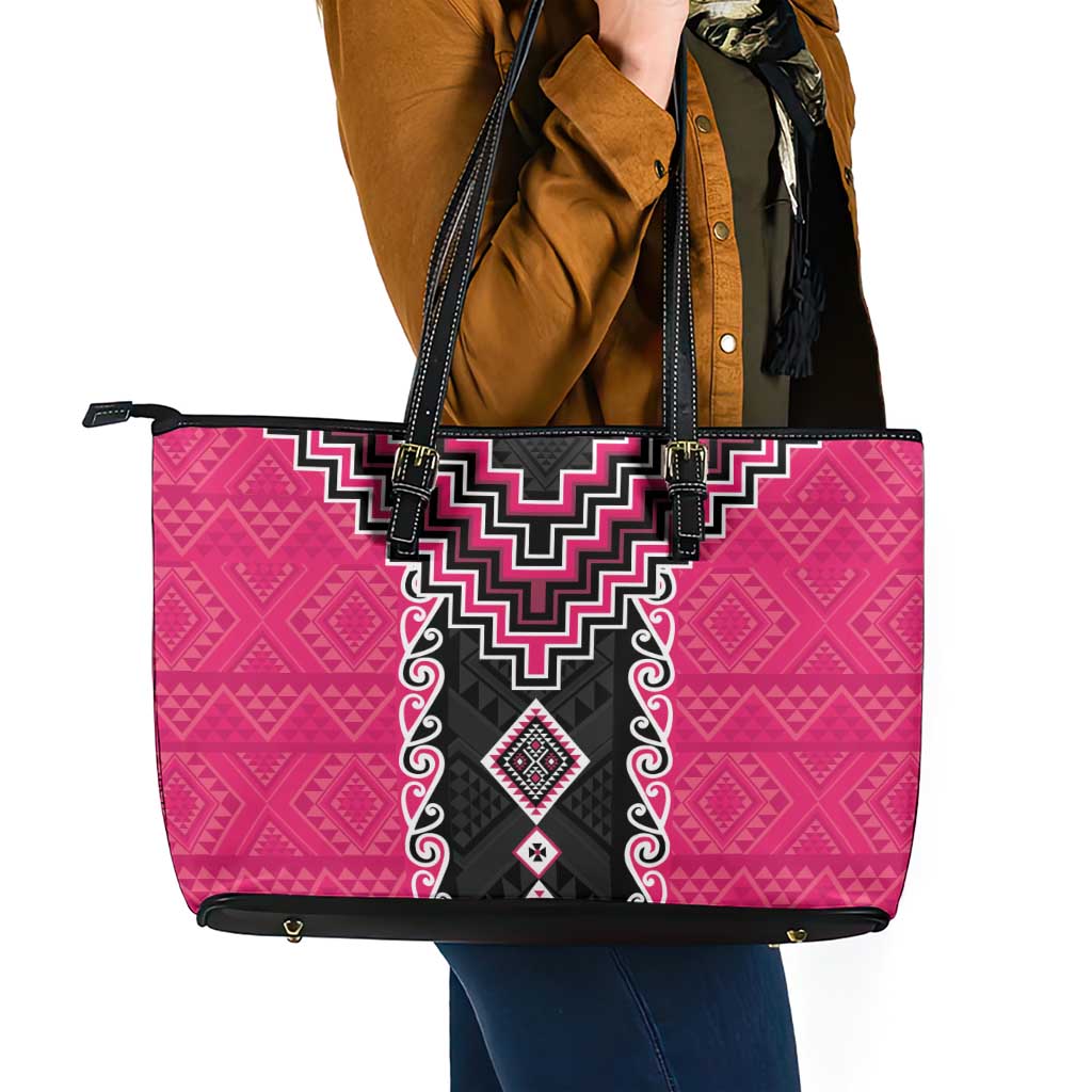 Pink Niho Taniwha Mix Poutama Leather Tote Bag Unique Taniko Aotearoa