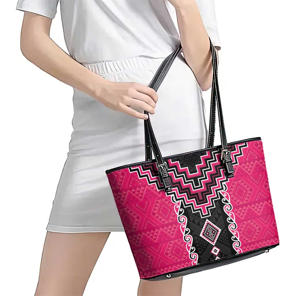 Pink Niho Taniwha Mix Poutama Leather Tote Bag Unique Taniko Aotearoa