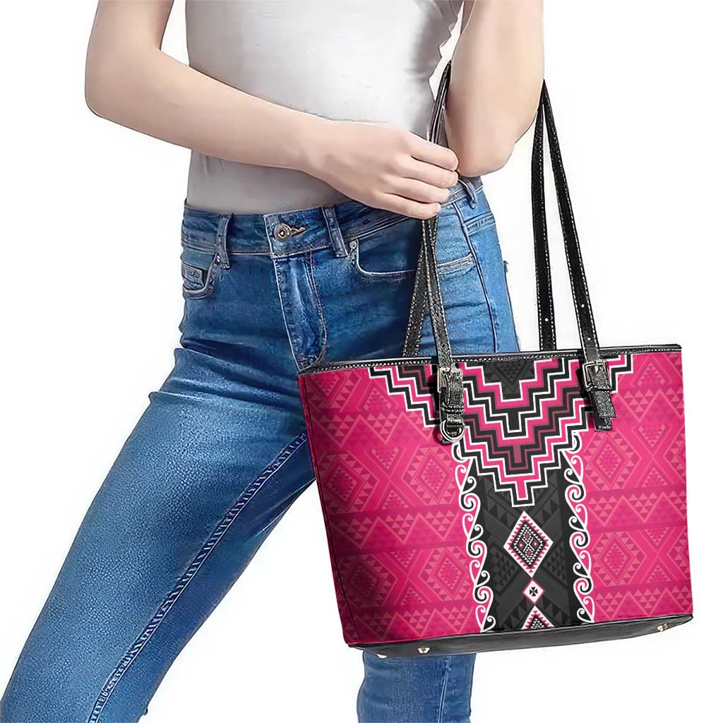 Pink Niho Taniwha Mix Poutama Leather Tote Bag Unique Taniko Aotearoa