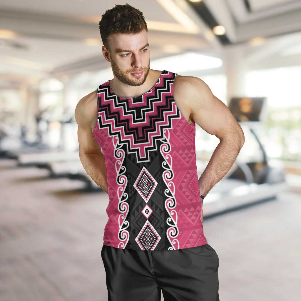 Pink Niho Taniwha Mix Poutama Men Tank Top Unique Taniko Aotearoa LT01 Pink - Polynesian Pride