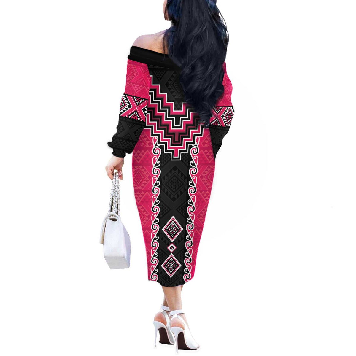 Pink Niho Taniwha Mix Poutama Off The Shoulder Long Sleeve Dress Unique Taniko Aotearoa
