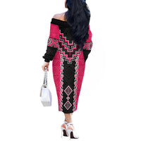 Pink Niho Taniwha Mix Poutama Off The Shoulder Long Sleeve Dress Unique Taniko Aotearoa