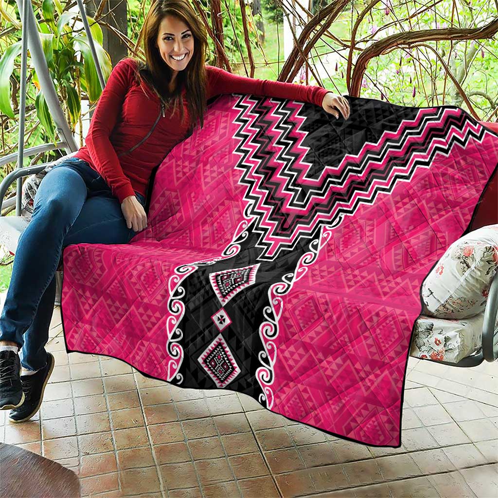 Pink Niho Taniwha Mix Poutama Quilt Unique Taniko Aotearoa