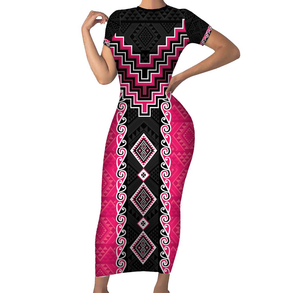 Pink Niho Taniwha Mix Poutama Short Sleeve Bodycon Dress Unique Taniko Aotearoa LT01 Long Dress Pink - Polynesian Pride