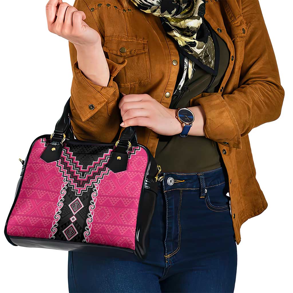 Pink Niho Taniwha Mix Poutama Shoulder Handbag Unique Taniko Aotearoa