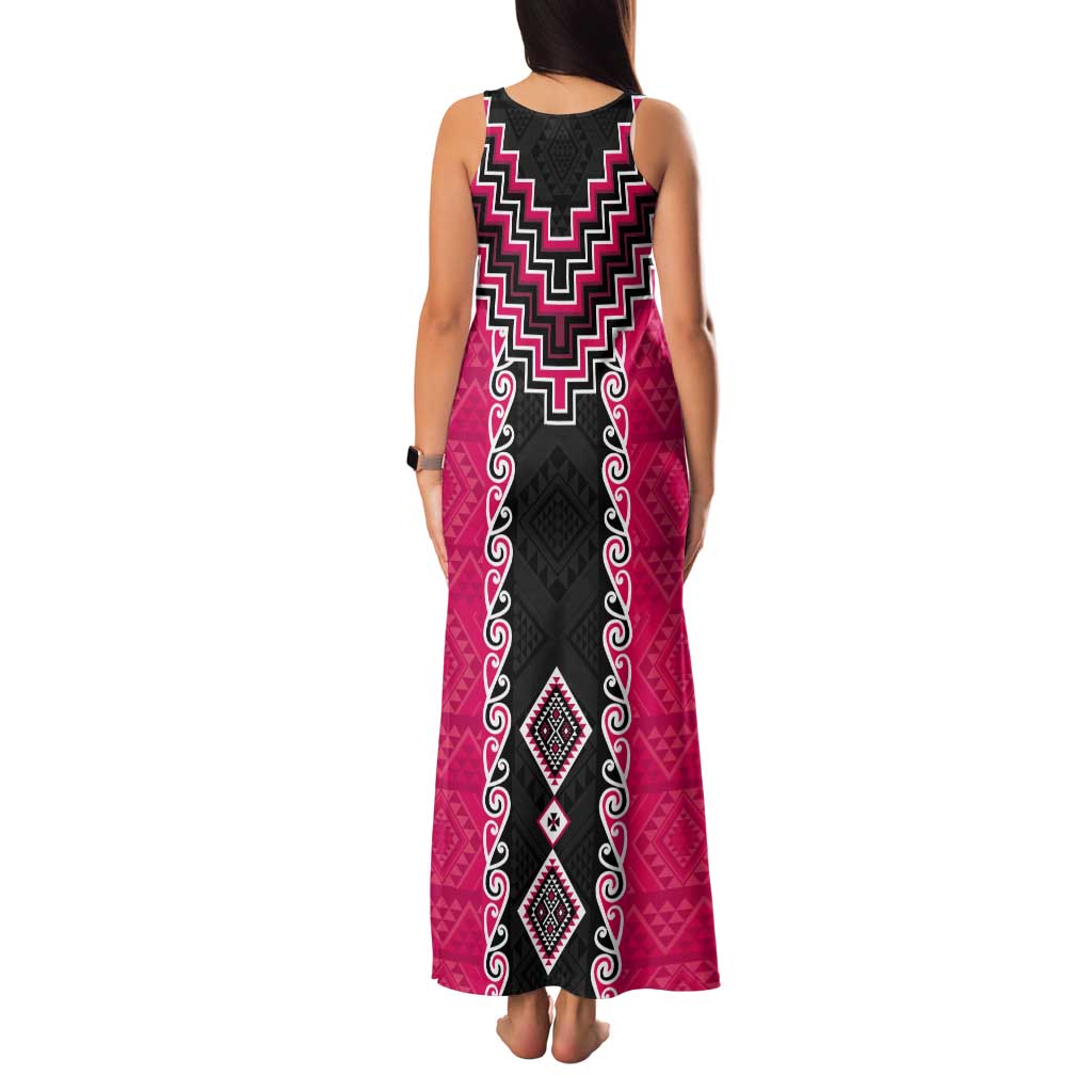 Pink Niho Taniwha Mix Poutama Tank Maxi Dress Unique Taniko Aotearoa