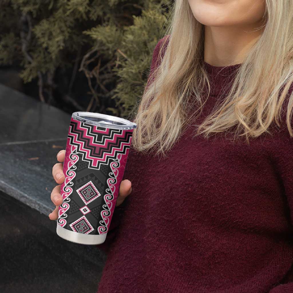 Pink Niho Taniwha Mix Poutama Tumbler Cup Unique Taniko Aotearoa
