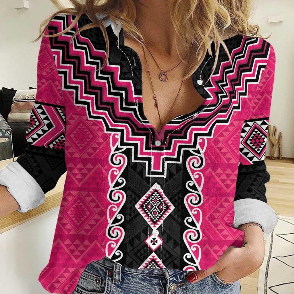 Pink Niho Taniwha Mix Poutama Women Casual Shirt Unique Taniko Aotearoa LT01 Female Pink - Polynesian Pride