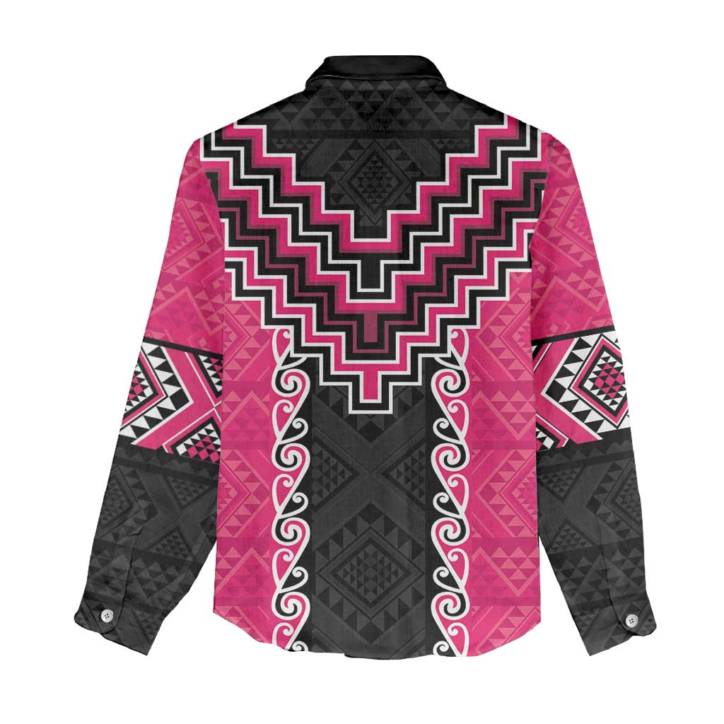 Pink Niho Taniwha Mix Poutama Women Casual Shirt Unique Taniko Aotearoa