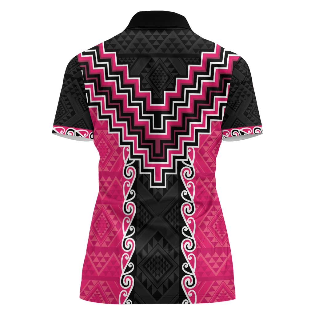 Pink Niho Taniwha Mix Poutama Women Polo Shirt Unique Taniko Aotearoa