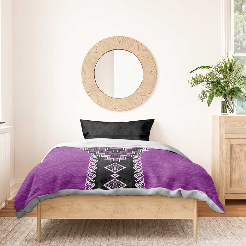 Purple Niho Taniwha Mix Poutama Bedding Set Unique Taniko Aotearoa