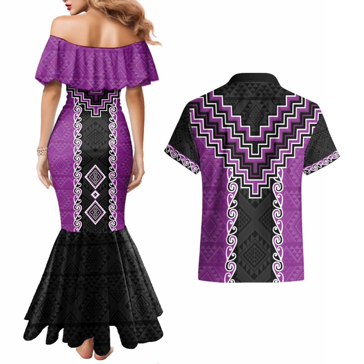 Purple Niho Taniwha Mix Poutama Couples Matching Mermaid Dress and Hawaiian Shirt Unique Taniko Aotearoa LT01 - Polynesian Pride