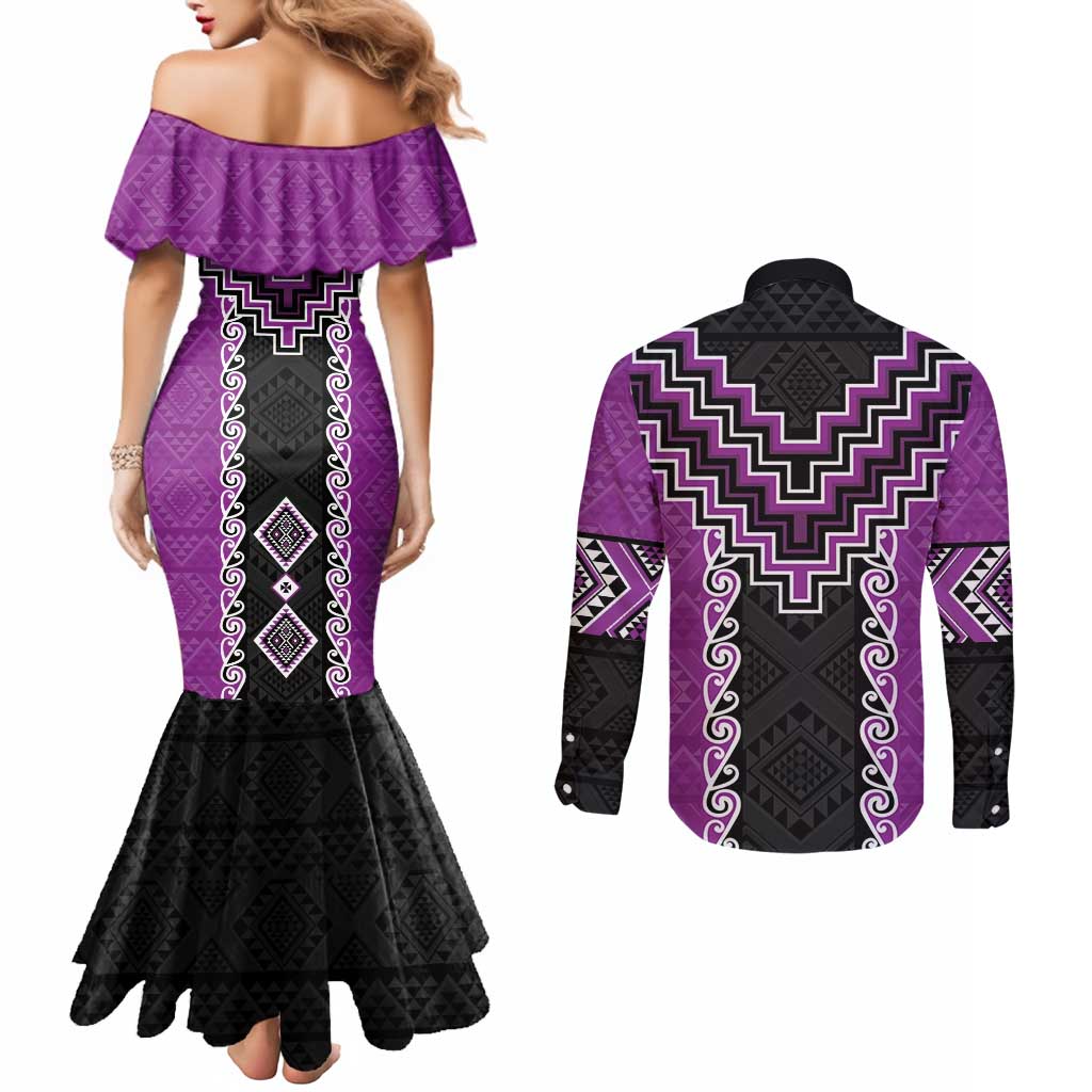 Purple Niho Taniwha Mix Poutama Couples Matching Mermaid Dress and Long Sleeve Button Shirt Unique Taniko Aotearoa LT01 - Polynesian Pride