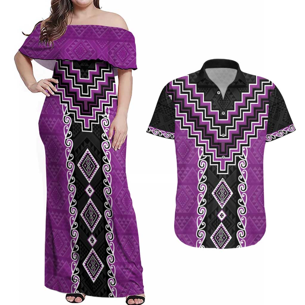 Purple Niho Taniwha Mix Poutama Couples Matching Off Shoulder Maxi Dress and Hawaiian Shirt Unique Taniko Aotearoa LT01 Purple - Polynesian Pride