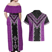 Purple Niho Taniwha Mix Poutama Couples Matching Off Shoulder Maxi Dress and Hawaiian Shirt Unique Taniko Aotearoa LT01 - Polynesian Pride