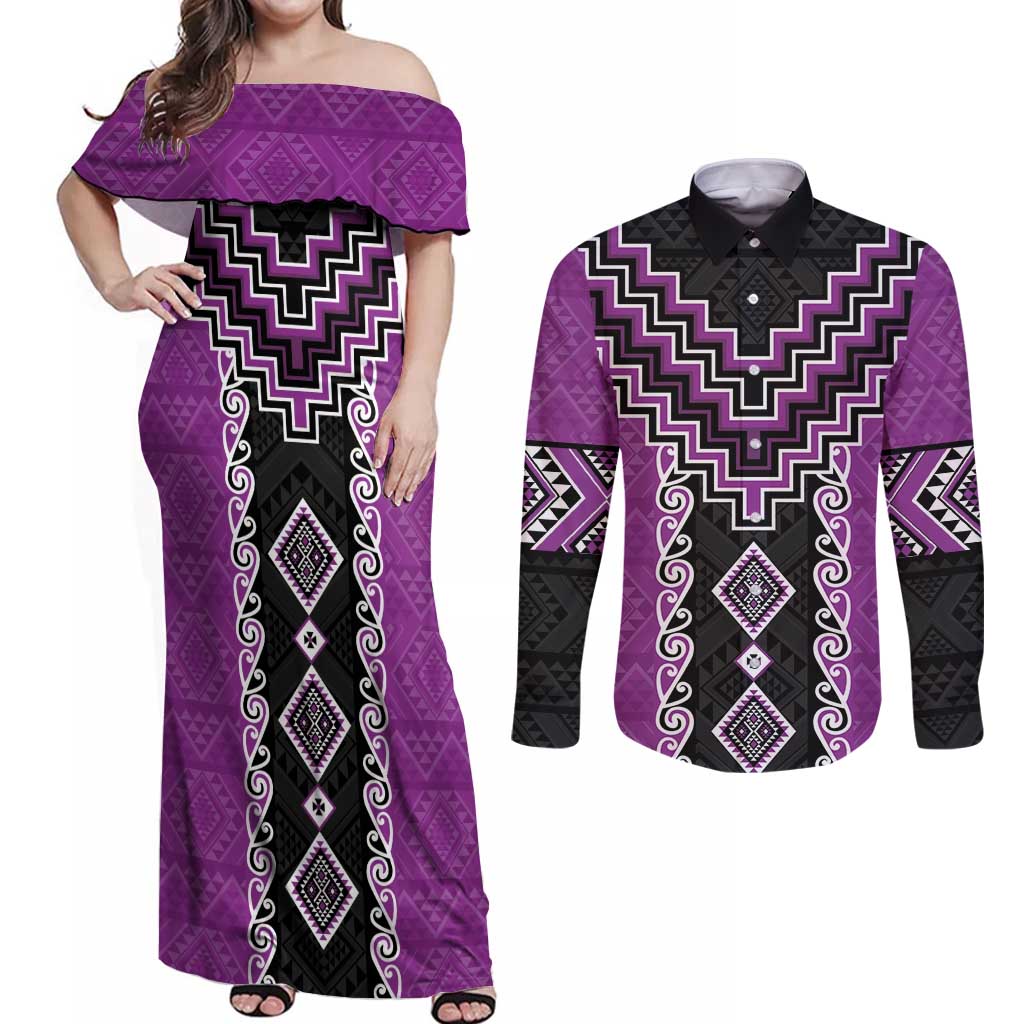 Purple Niho Taniwha Mix Poutama Couples Matching Off Shoulder Maxi Dress and Long Sleeve Button Shirt Unique Taniko Aotearoa LT01 Purple - Polynesian Pride
