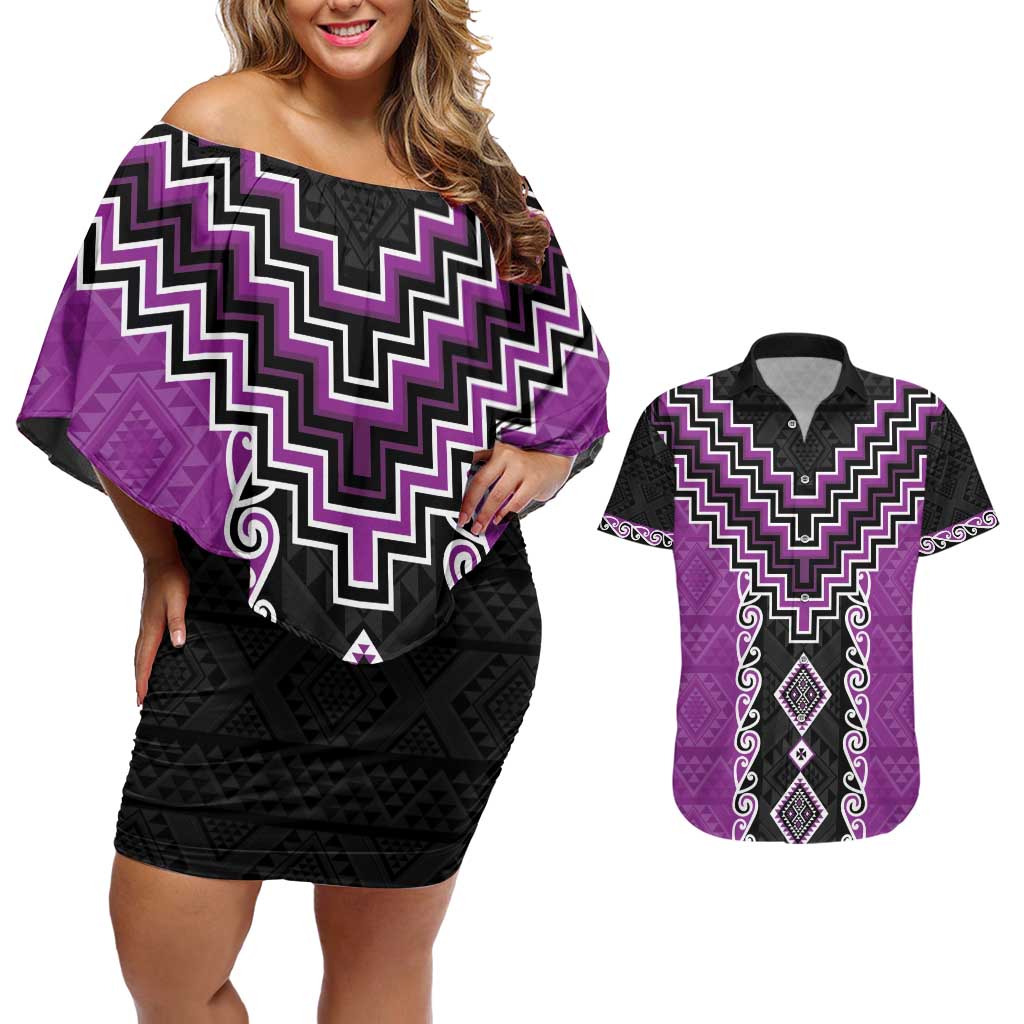 Purple Niho Taniwha Mix Poutama Couples Matching Off Shoulder Short Dress and Hawaiian Shirt Unique Taniko Aotearoa LT01 Purple - Polynesian Pride