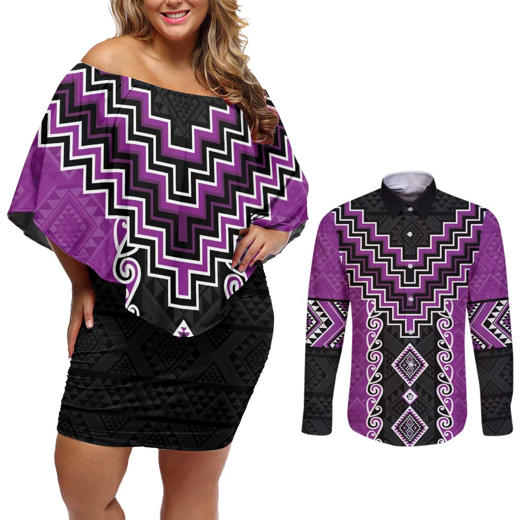 Purple Niho Taniwha Mix Poutama Couples Matching Off Shoulder Short Dress and Long Sleeve Button Shirt Unique Taniko Aotearoa LT01 Purple - Polynesian Pride