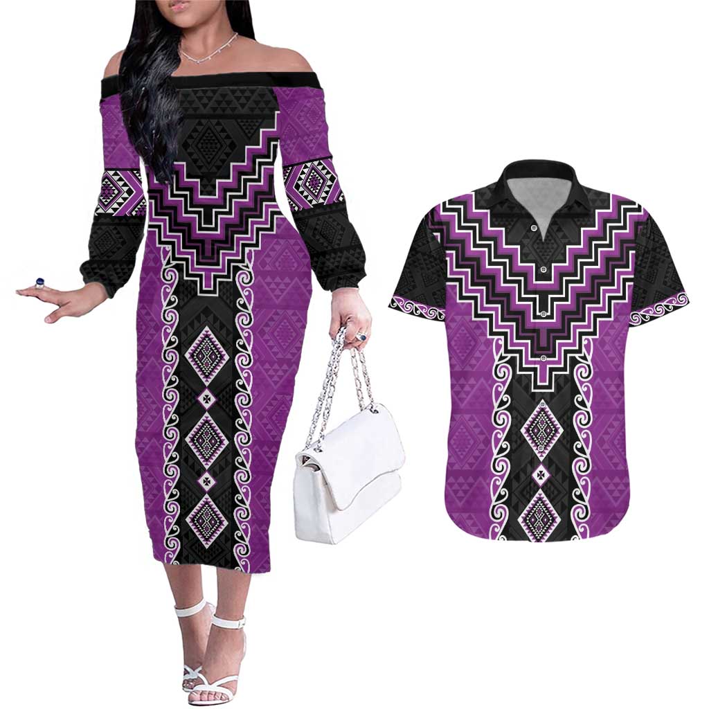 Purple Niho Taniwha Mix Poutama Couples Matching Off The Shoulder Long Sleeve Dress and Hawaiian Shirt Unique Taniko Aotearoa LT01 Purple - Polynesian Pride