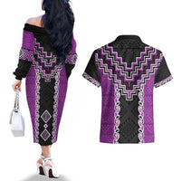 Purple Niho Taniwha Mix Poutama Couples Matching Off The Shoulder Long Sleeve Dress and Hawaiian Shirt Unique Taniko Aotearoa LT01 - Polynesian Pride